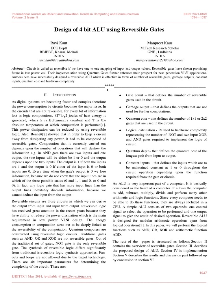 Design of 4 Bit ALU Using Reversible Gates | PDF | Theoretical Computer ...