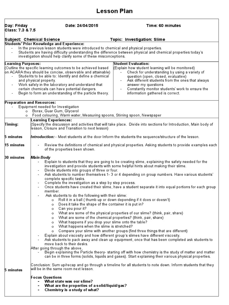 Slime Lesson Plan Gases Chemistry