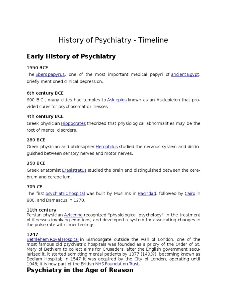 Timeline of The History of Psychiatry PDF Psychiatry Sigmund Freud