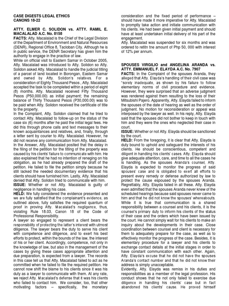 Legal Ethics Case Digests Canons 1822 PDF Lawyer Lawsuit