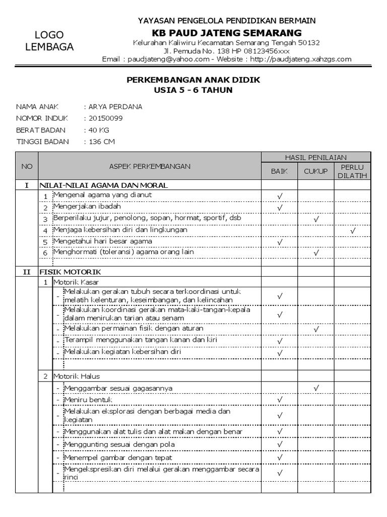 C 20 Contoh Raport Paud Otomatis Tk 5 6 Thn