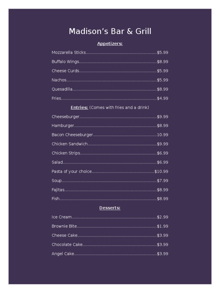 Madison's Bar & Grill Menu | PDF