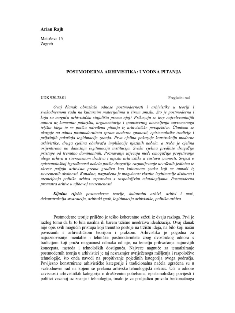 Rajh Arian Postmoderna Arhivistika | PDF