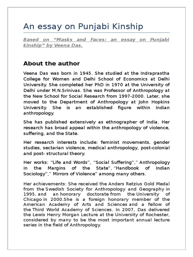 An Essay On Punjabi Kinship On The Basis of The Essay "Masks and Faces