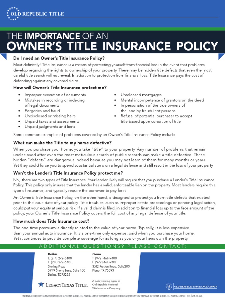 CFPB Cheat Sheet Owner's Title Insurance Policy Title Insurance Financial Risk