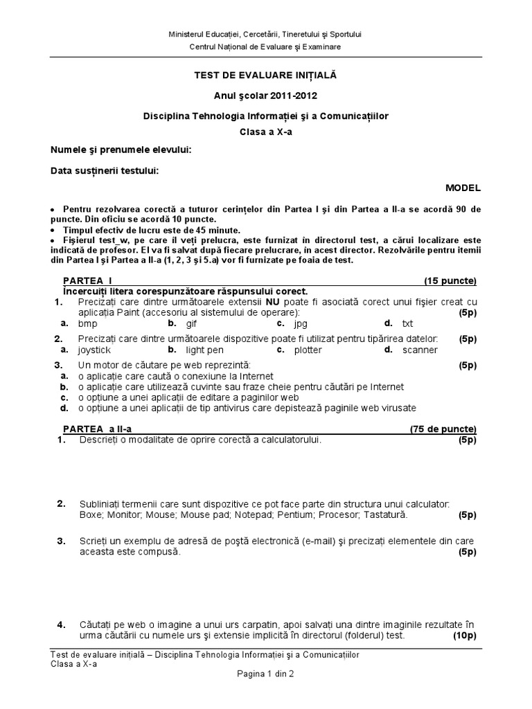 Evaluare Initiala TIC Cls10 Model Test PDF | PDF