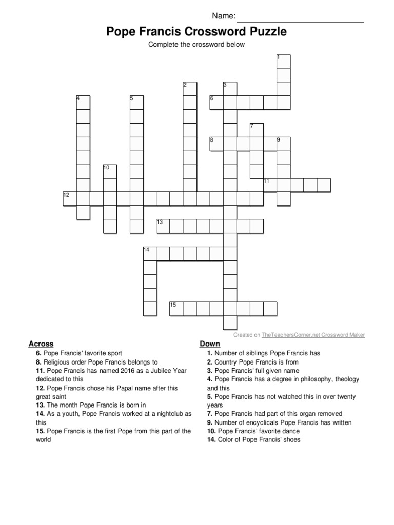 Pope Francis Crossword Puzzle PDF