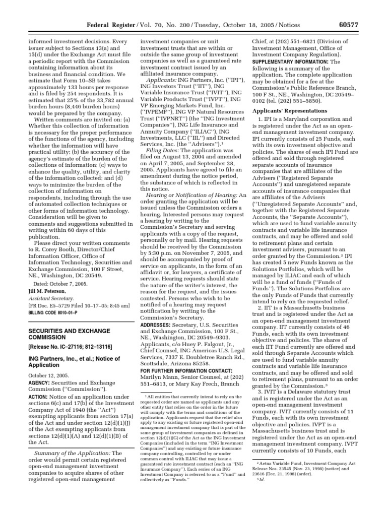 Notice Investment Company Act of 1940 ING Partners, Inc., et al