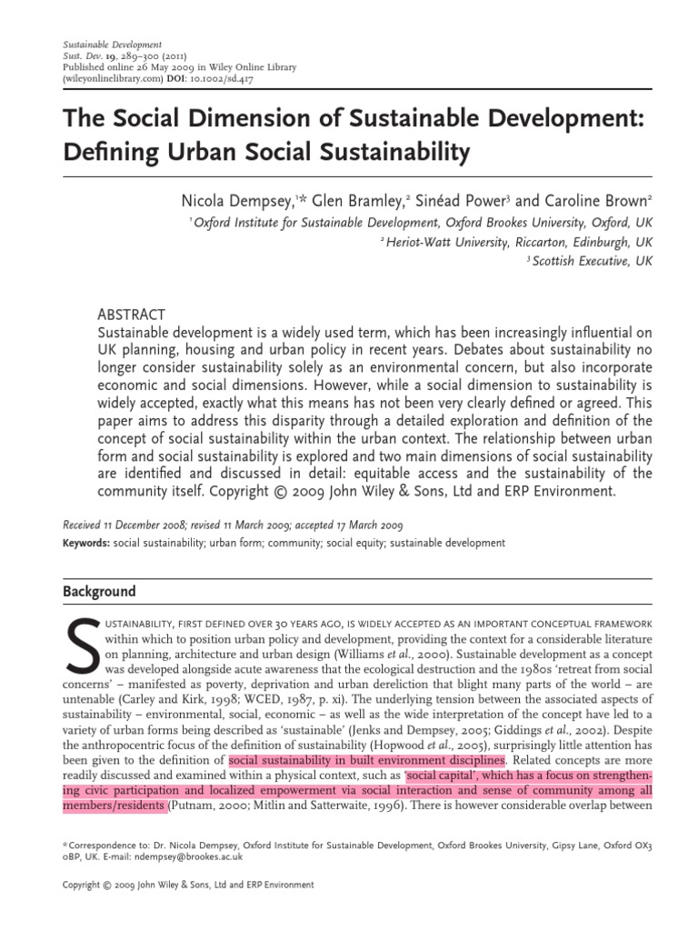 The Social Dimension of Sustainable Development - Defining Urban Social ...