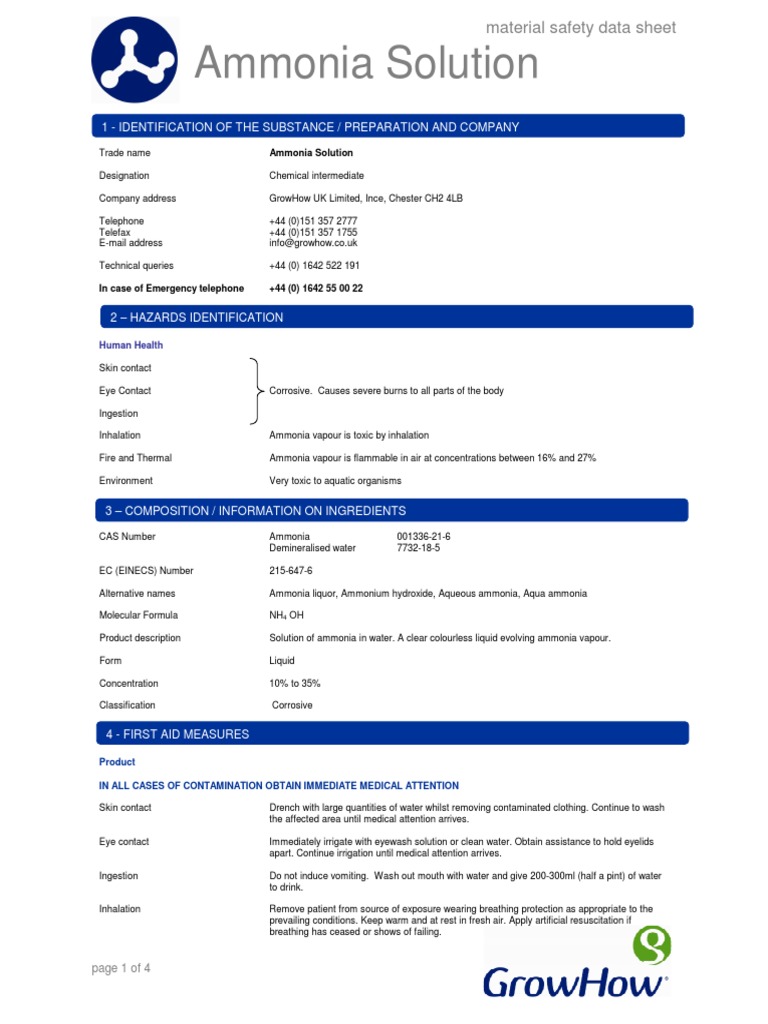 Ammonia Solution Msds13aug08 Dangerous Goods Ammonia