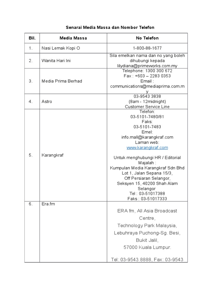 Senarai Media Massa Dan Nombor Telefon Pdf