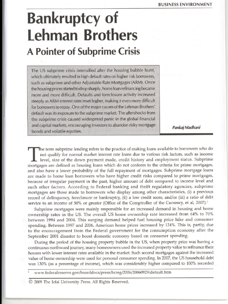 Bankruptcy of Lehman Brothers A Pointer of Subprime Crisis PDF