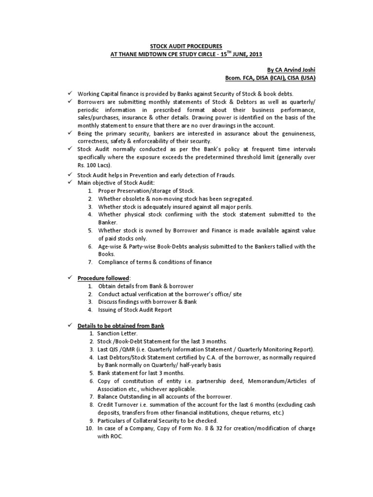 Presentation On Stock Audit Procedures PDF Banks Financial Audit