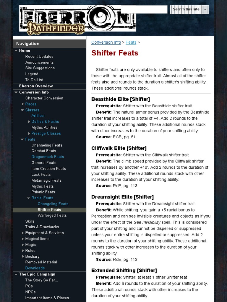 Shifter Feats Eberron Pathfinder PDF World Of Eberron D20 System