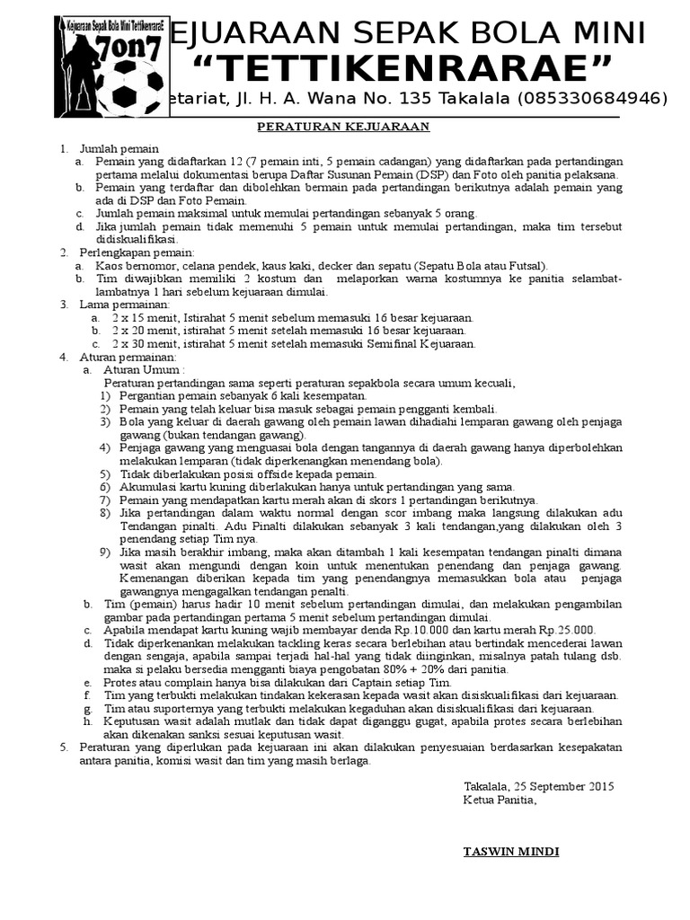 Contoh Peraturan Pertandingan Sepak Bola Mini