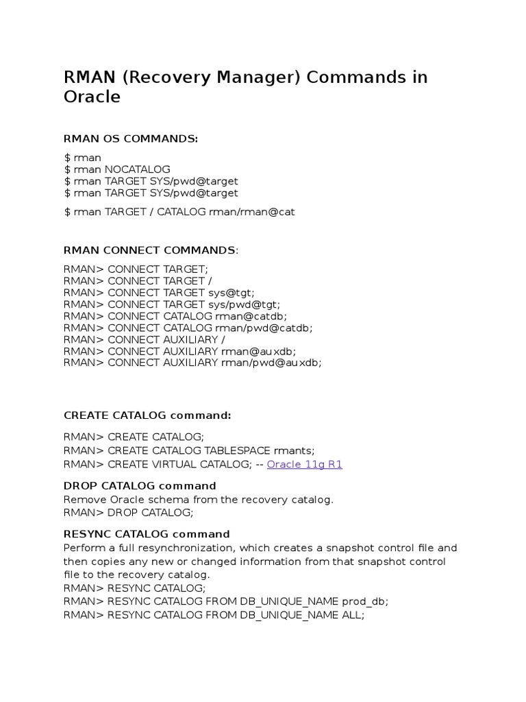 Rman Command Document | PDF | Backup | Oracle Database