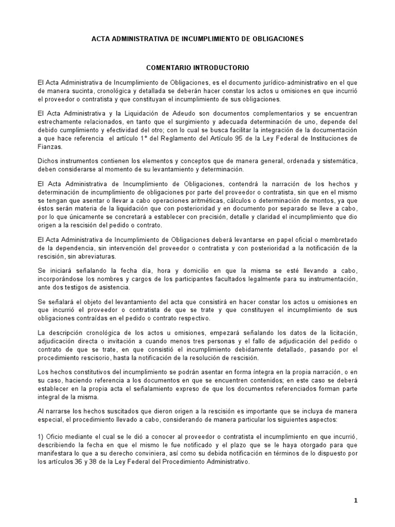 Acta Administrativa de Incumplimiento de Obligaciones