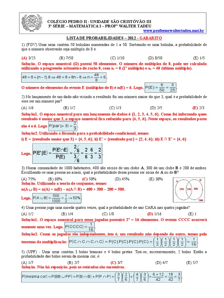 Lista de Exercícios de Probabilidade 7º Ano | PDF