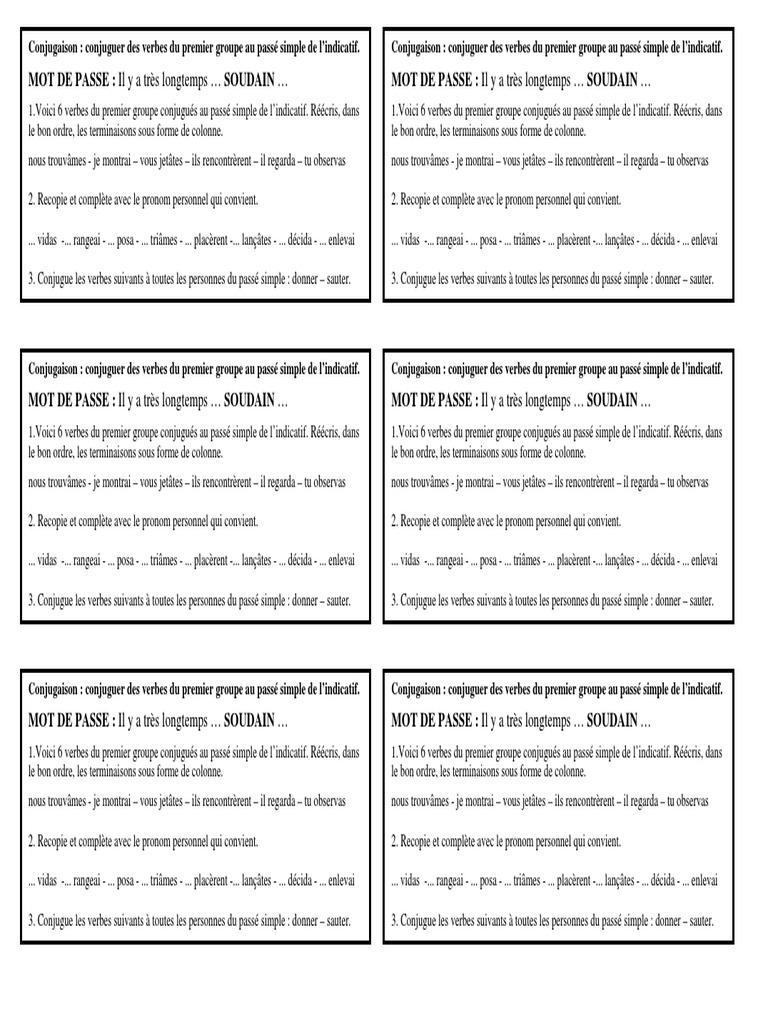 Exercices Passé Simple 4ème à Imprimer 20 Exercices Passe Simple Premier Groupe | PDF | Conjugaison | Verbe