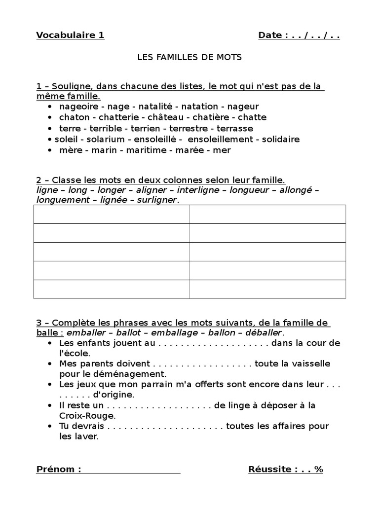 Mots De La Même Famille Que Blanc Les Mots de La Meme Famille | PDF