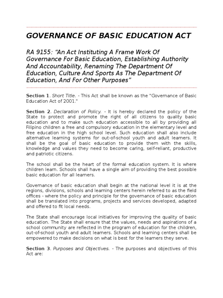 Governance of Basic Education Act (R.a. 9155) PDF Governance Learning