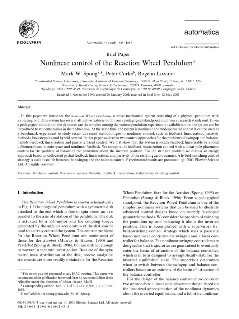 Nonlinear Control of Reaction Wheel Pendulum | PDF | Control Theory ...