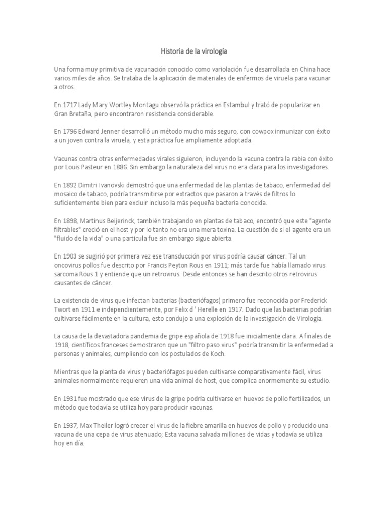 Historia de La Virología Virología Virus