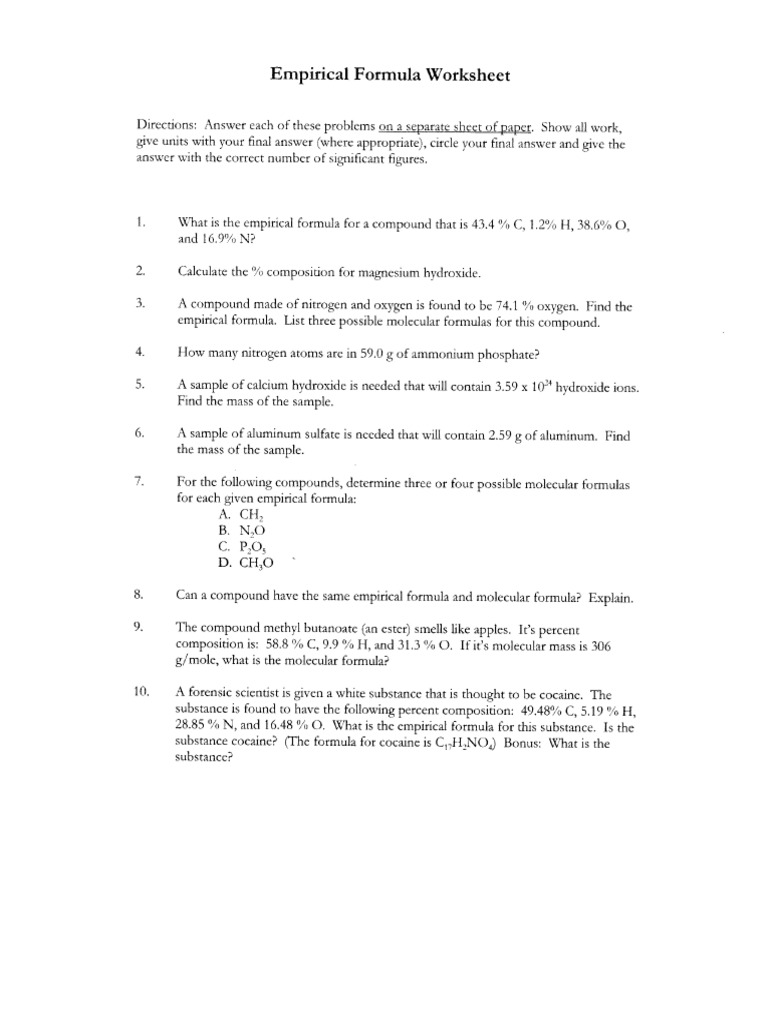 Empirical and Molecular Formulas WK SHT | PDF | Chemistry | Physical ...