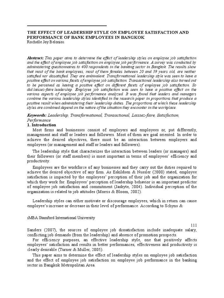 Leadership Styles Impact on Bank Employees | PDF | Job Satisfaction ...