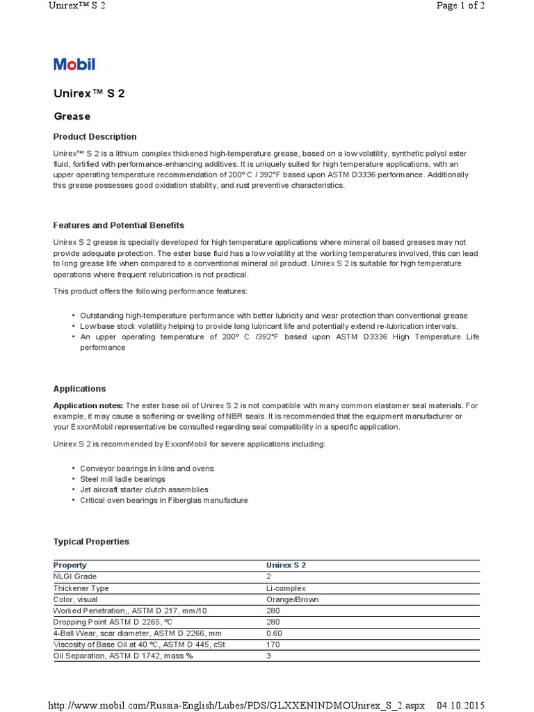 Mobil Unirex S2 | PDF | Exxon Mobil | Materials