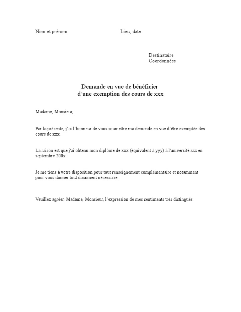 Lettre Demande D Exemption