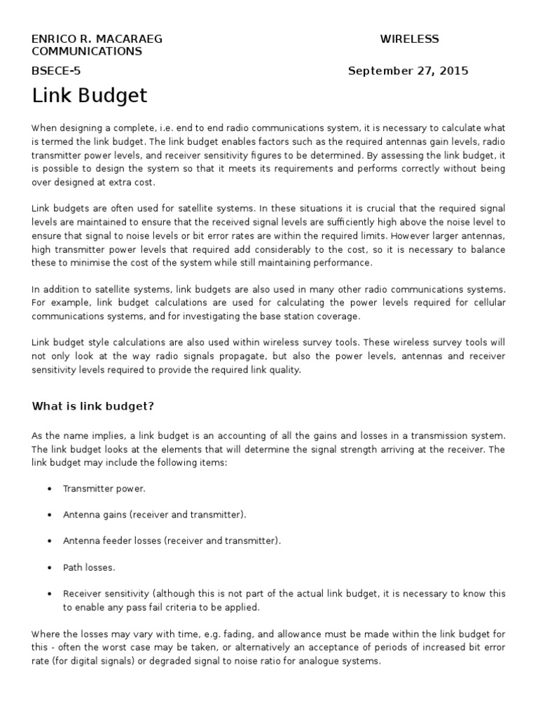 Link Budget PDF Antenna (Radio) Radio
