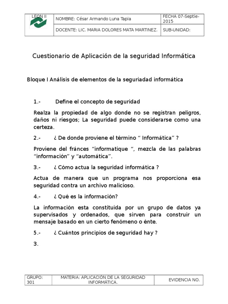 Cuestionario de aplicacion de la seguridad informática