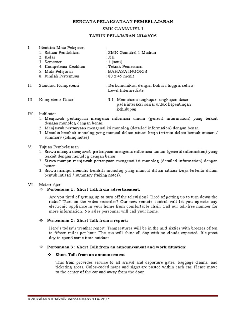 Rpp Bahasa Inggris Smk Kelas Xii Maskapai Penerbangan Bahasa