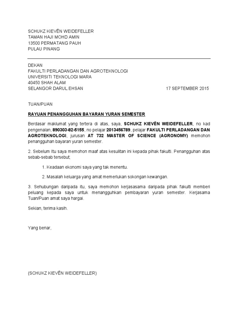 Contoh Surat Penangguhan Belajar Uitm