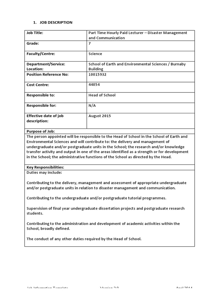 Part Time Hourly Paid Lecturer Disaster Management and Communication