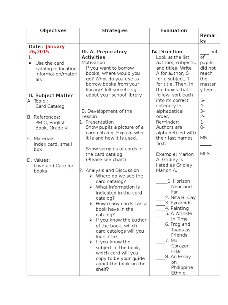 January 26,2015 Objectives Strategies Evaluation Remar Ks Date I. III