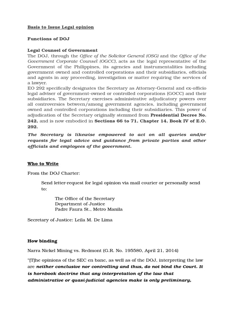 How To Request For Legal Opinion From DOJ PDF Attorney General Lawyer