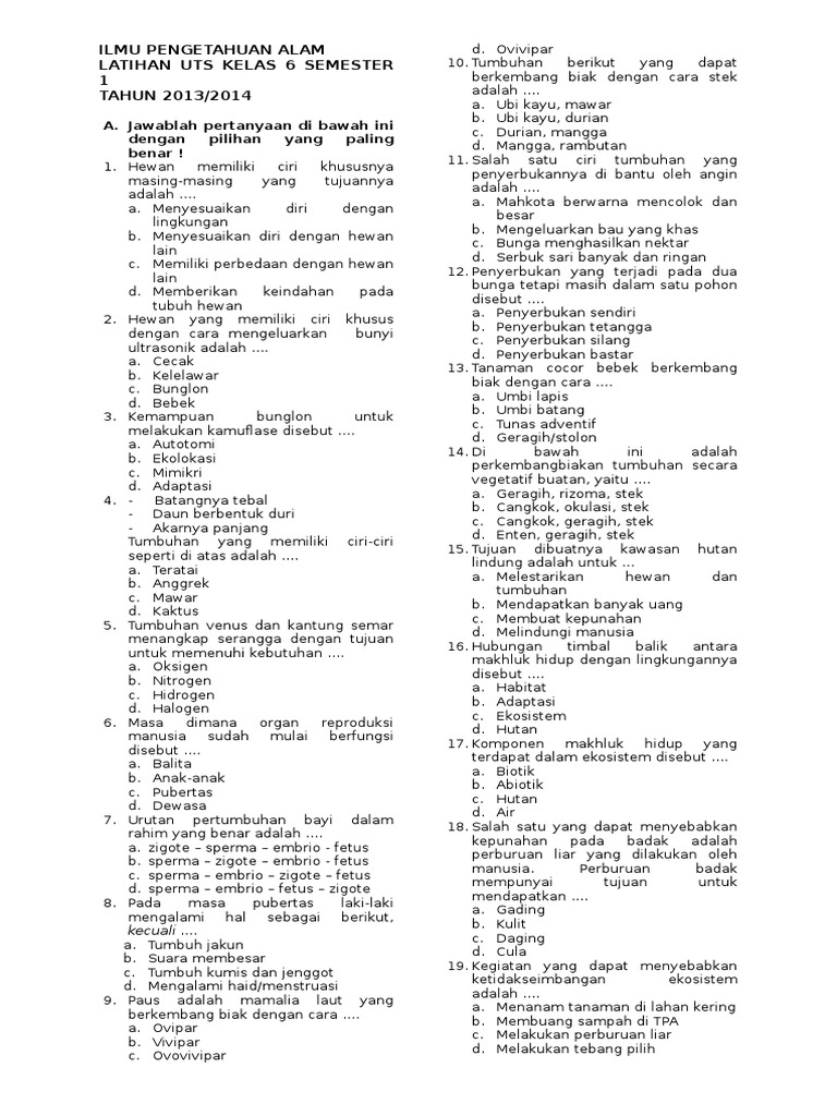 Soal Uts Ipa Kelas 6 Semester 1