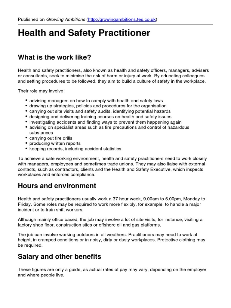 Health and Safety Practitioner Overview | PDF | Apprenticeship ...