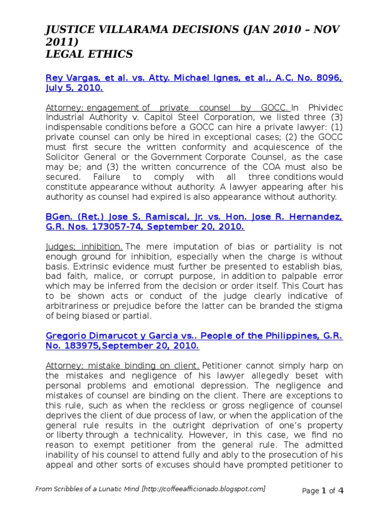 Justice Villarama Decisions (Jan 2010 Nov 2011) Legal Ethics PDF