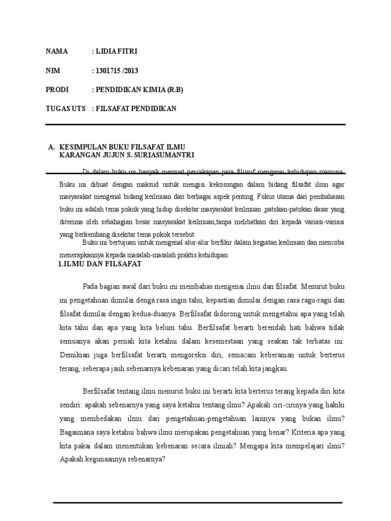 A. KESIMPULAN BUKU FILSAFAT ILMU KARANGAN JUJUN S