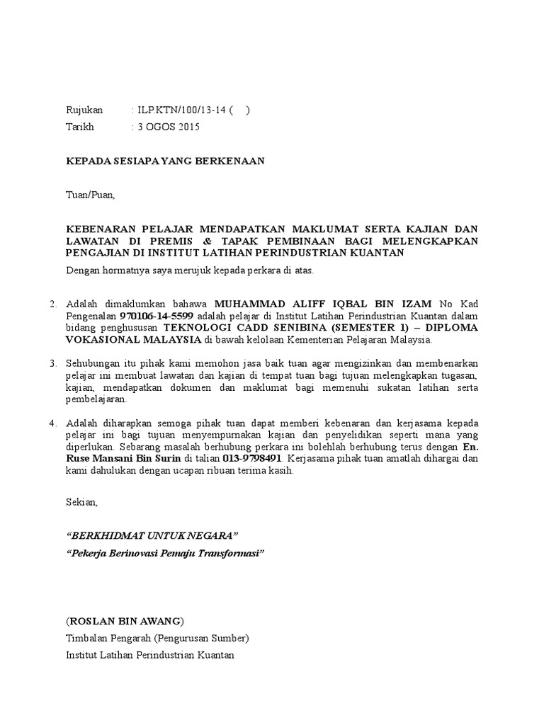 Contoh Surat Kebenaran Keluar Menjalankan Kajian