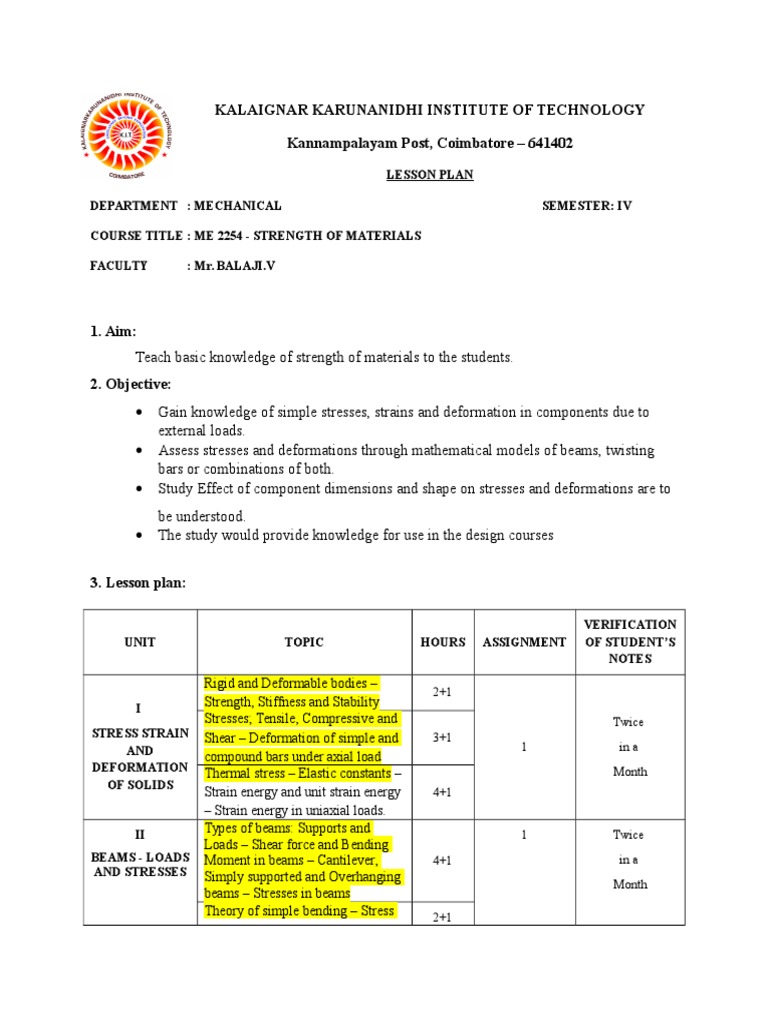 Strength of Materials Lesson Plan PDF Stress (Mechanics) Beam