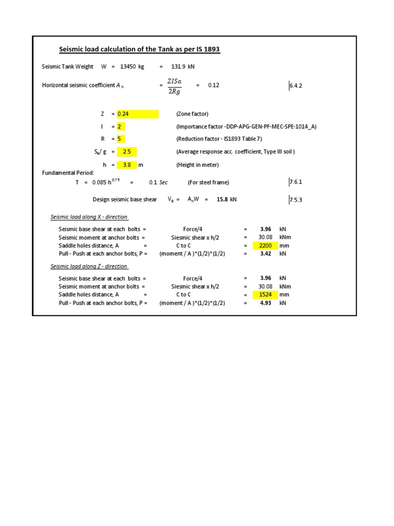 Seismic Load Calculation of The Tank As Per IS 1893 | PDF