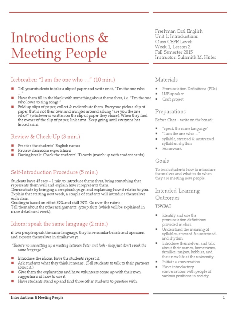 w1l2 Self-Introduction Meeting People LP | PDF | Stress (Linguistics ...