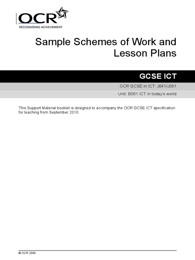 Unit b061 - Ict in Todays World - Sample Scheme of Work and Lesson Plan ...