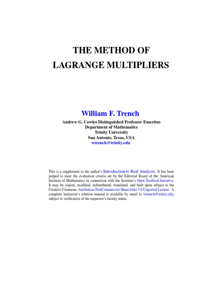 The Method of Lagrange Multipliers: William F. Trench | PDF ...