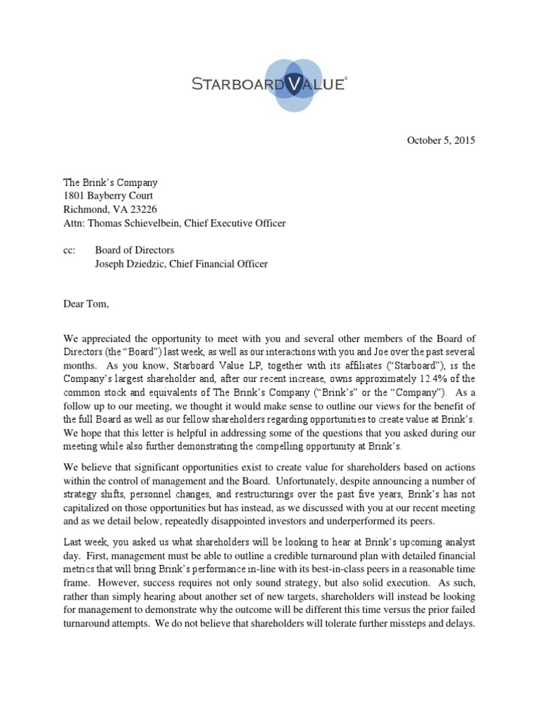 Starboard BCO Letter | Download Free PDF | Revenue | Employment