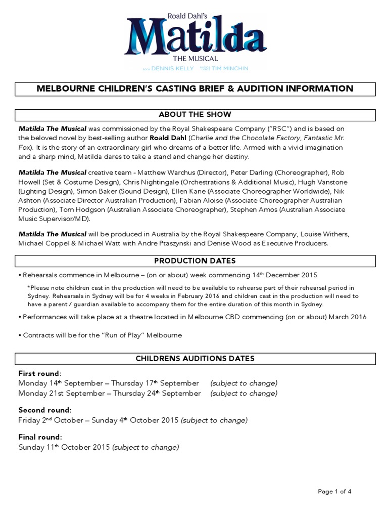Matilda Melbourne Casting Brief PDF Audition Performing Arts